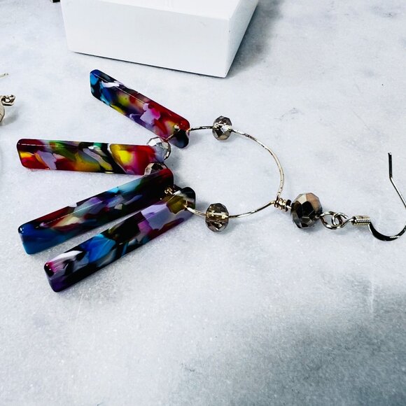 Retro Colorful Acrylic 3" Dangle Hoop Earrings Bars Beads Boho Gypsy Vtg style - Picture 4 of 7